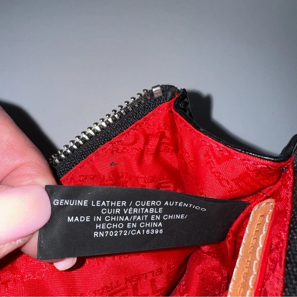 Ellen Tracy Black Leather Clutch with red logo interior.